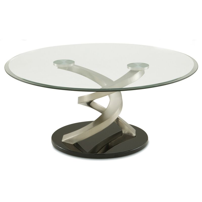 Coffee Table with Twisted Metal Base and Round Glass Top, Silver and Black-Benzara
