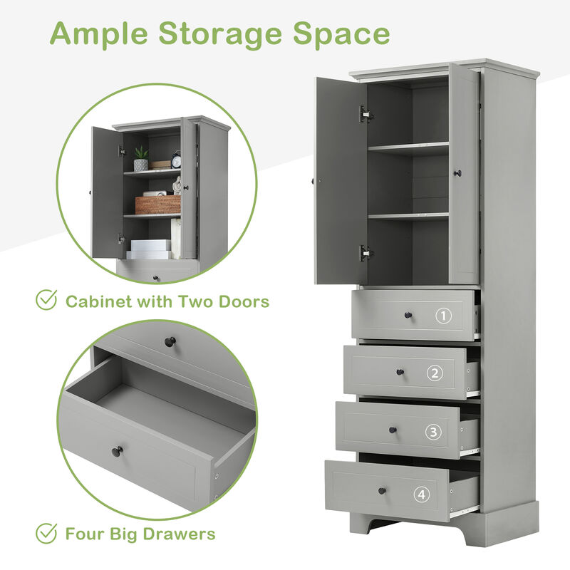 Bathroom Storage Cabinet with Adjustable Shelf, 2 Doors, and 4 Drawers