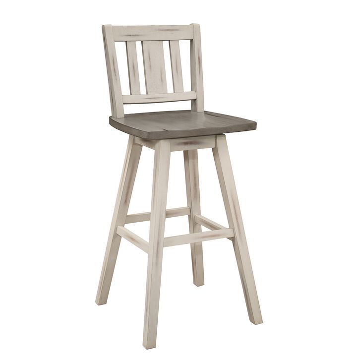 Ati 29 Inch Bar Height Stool Swivel Chairs Set of 2, Vertical Slat Back, Gray, White - Benzara