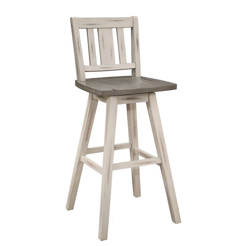 Ati 29 Inch Bar Height Stool Swivel Chairs Set of 2, Vertical Slat Back, Gray, White - Benzara