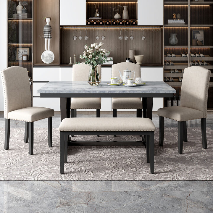 Merax Modern Style 6-piece Dining Table with Marbled Veneers Tabletop