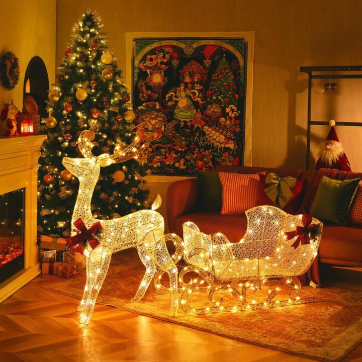 Hivvago 6 Feet Christmas Lighted Reindeer and Santa's Sleigh Decoration with 4 Stakes