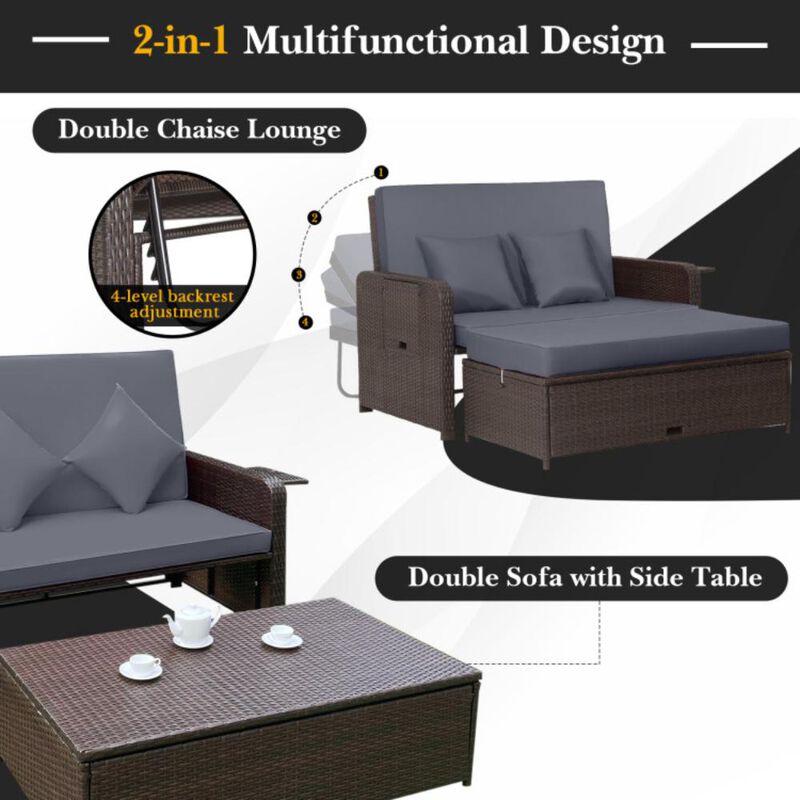 Hivvago Patio Rattan Daybed with 4-Level Adjustable Backrest and Retractable Side Tray