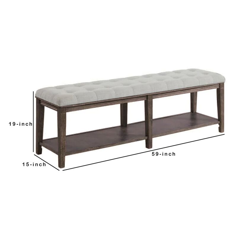 Bench with Button Tufted Seat and Open Shelf, Beige-Benzara