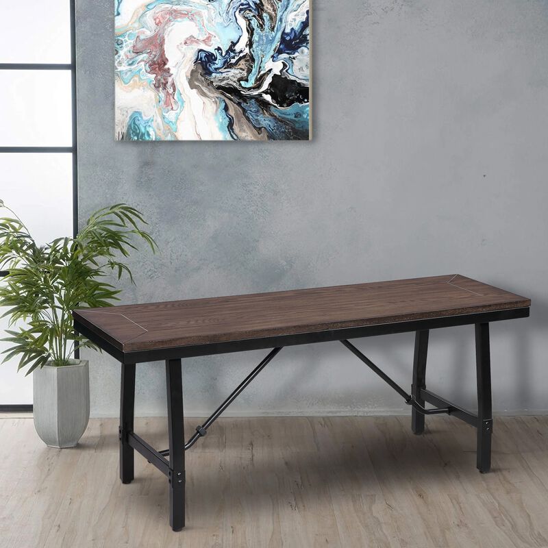 Industrial Wood and Metal Bench with Tube Leg Support, Brown and Black-Benzara