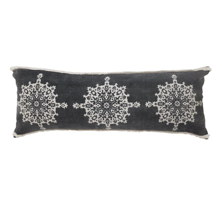 36" Gray and White Floral Mandala Lumbar Throw Pillow