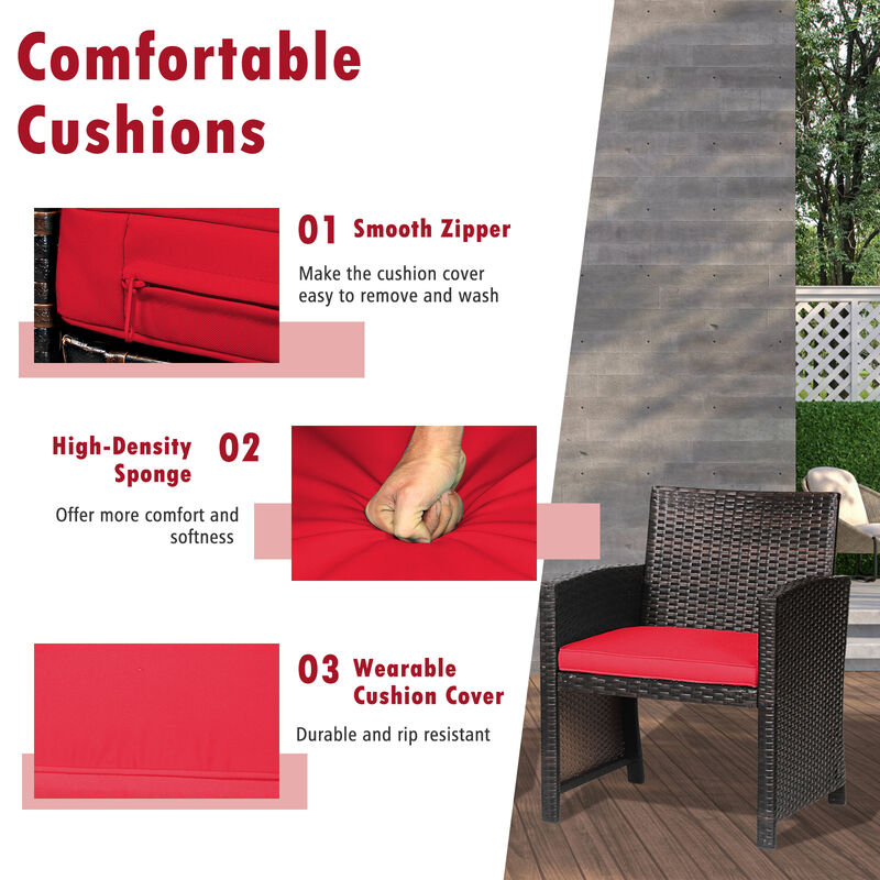 3-Piece Patio Wicker Furniture Set with Storage Table and Protective Cover - Red