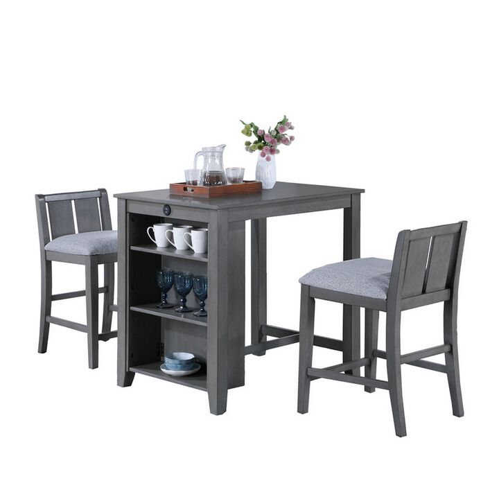 Ham 3 Piece Counter Height Compact Dining Table, Chair Set, Gray Wood - Benzara