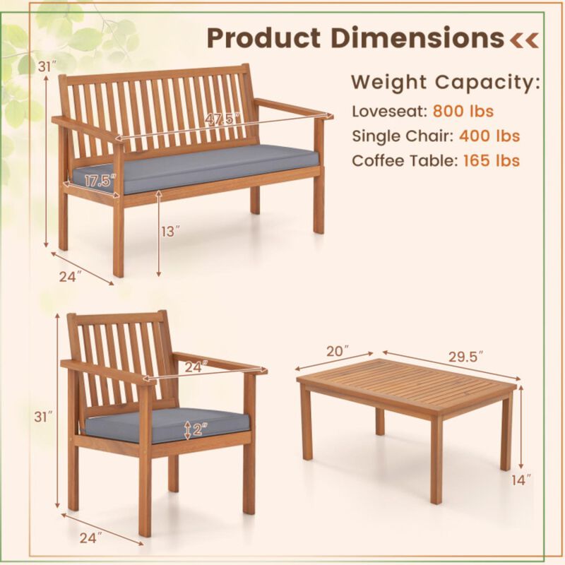 Hivvago 4 Piece Patio Wood Furniture Set Acacia Wood Sofa Set with Loveseat
