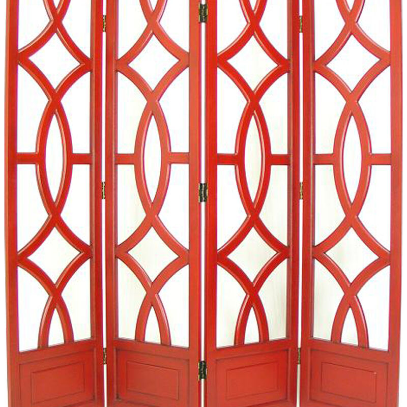Wooden 4 Panel Room Divider with Open Geometric Design, Red-Benzara