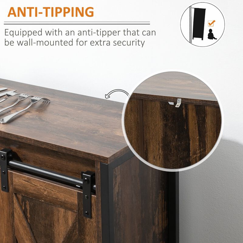 Rustic Brown Dining: Industrial Buffet with Sliding Barn Doors
