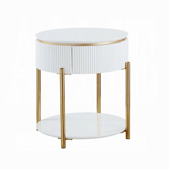Tyce Side End Table with Drawer, 22 Inch Glossy White, Gold Metal - Benzara