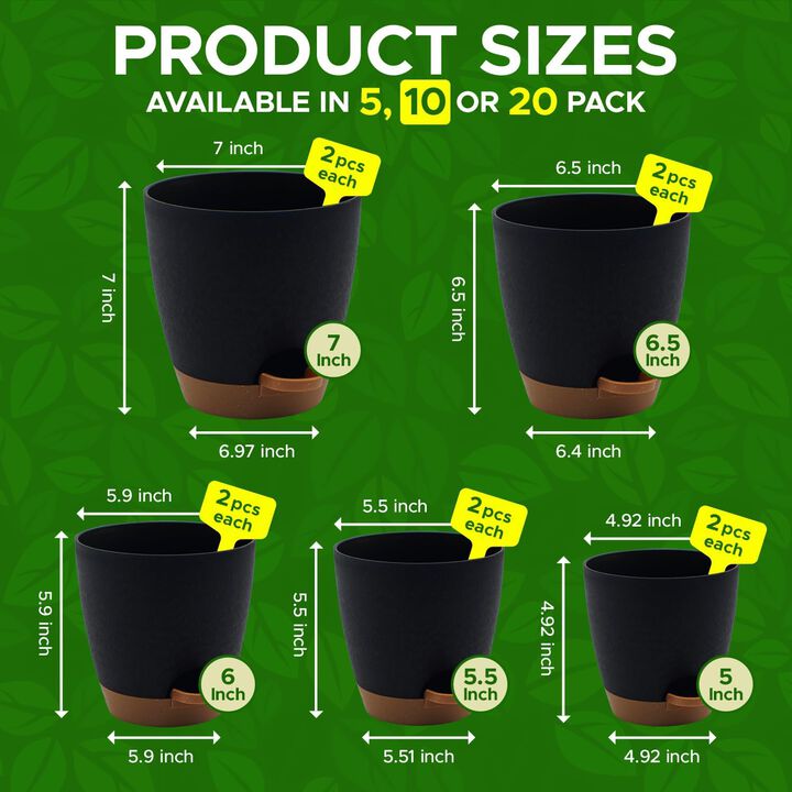 Campior Self-Watering Planters - 5 Size Indoor and Outdoor Plant Pots with Drainage Holes and Wick Rope, Plastic Pot for Succulents, Flowers, and Plants, (7”,6.5”,6”,5.5”,5” Inches), Pack of 10, Black