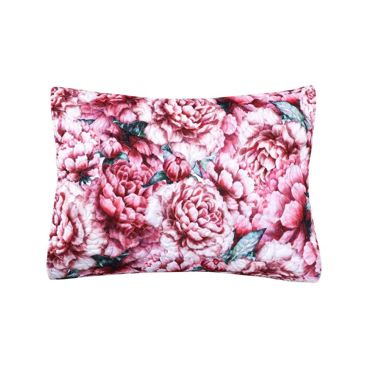 36 Inch Quilted King Pillow Sham, Cotton Fill, White and Lavender Blossoms - Benzara