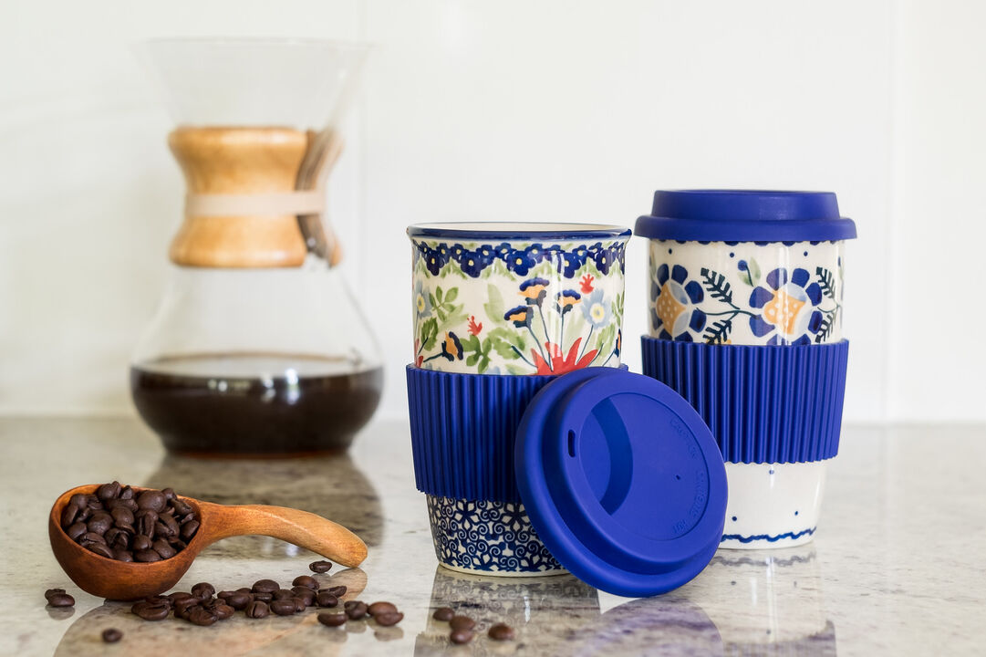 Blue Rose Polish Pottery Carnival Travel Coffee Mug
