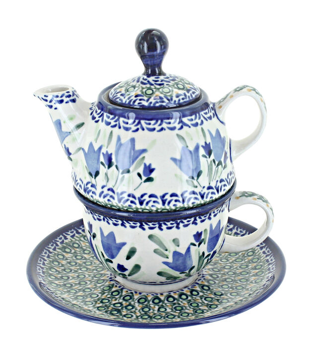 Blue Rose Polish Pottery Floral Butterfly Individual Teapot & Cup