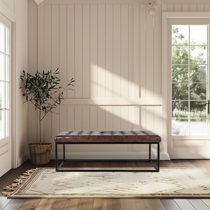 Jofran Global Archive 50 Genuine Distressed Leather Mid-Century Modern Ottoman Bench