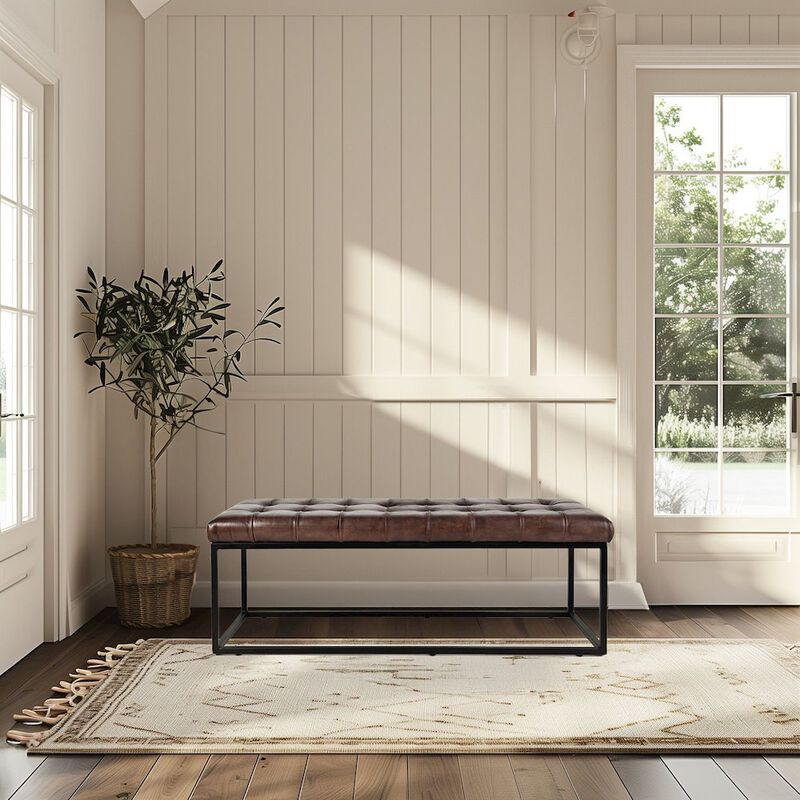 Jofran Global Archive 50 Genuine Distressed Leather Mid-Century Modern Ottoman Bench