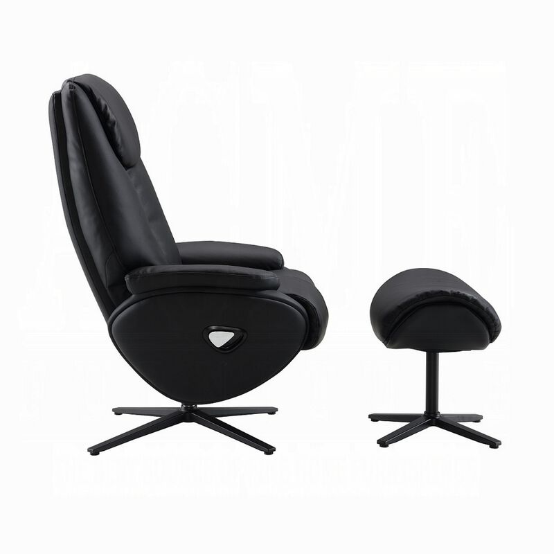 Nita Swivel Accent Chair with Ottoman, Plush Black Top Grain Leather - Benzara