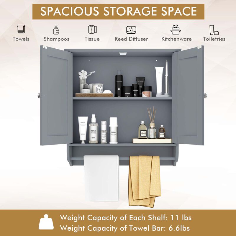 Costway Wall Mounted Bathroom Medicine Cabinet Storage Cupboard with Towel Bar Grey