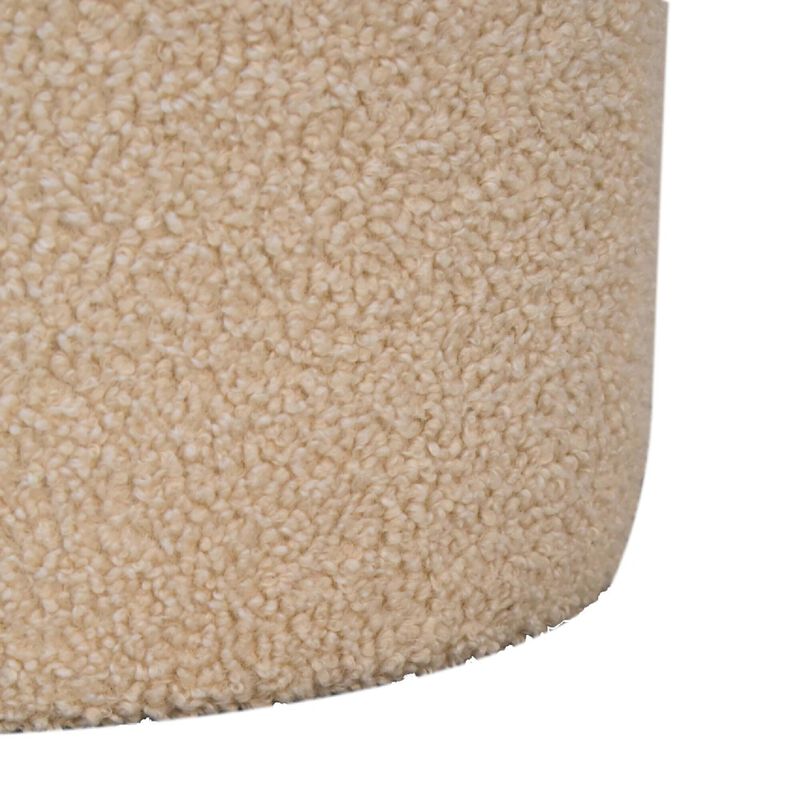 Solid Wood Boucle Round Footstool with Bufallo Leather Piping