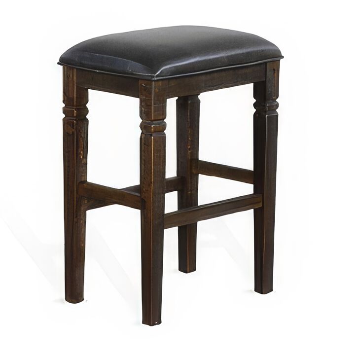 Flint Barstool, Backless, Plush Black Vinyl Seat, Dark Brown Mahogany - Benzara