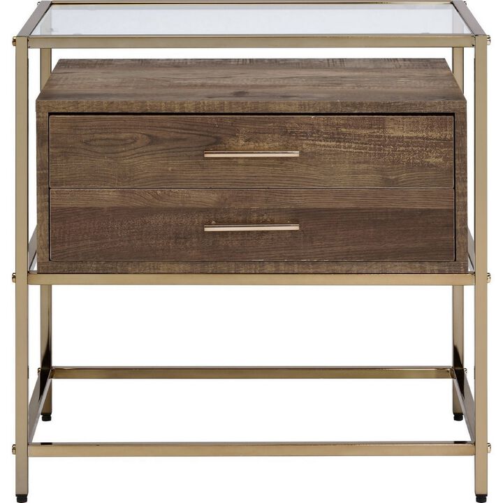 Accent Table with 2 Drawers and Metal Frame Glass Top, Brown and Gold - Benzara