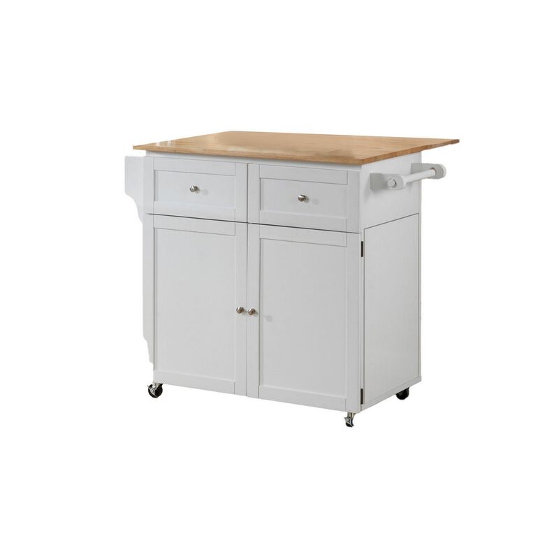 Modern Dual Tone Wooden Kitchen Cart with Spacious Storage, Brown And White - Benzara