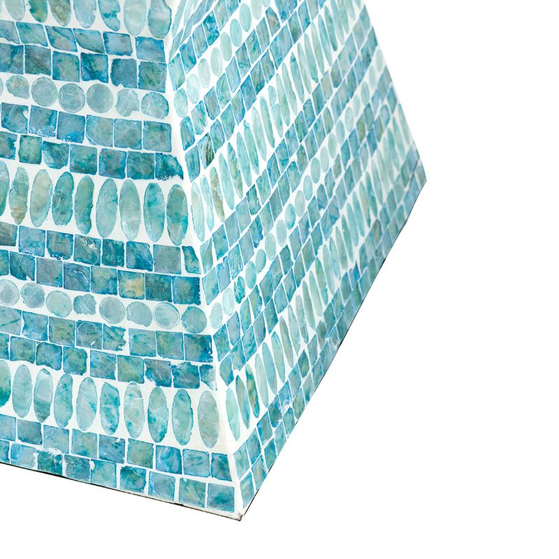 14 Inch Capiz Accent Table Stool, Blue Mosaic Geometric Hourglass Shape - Benzara