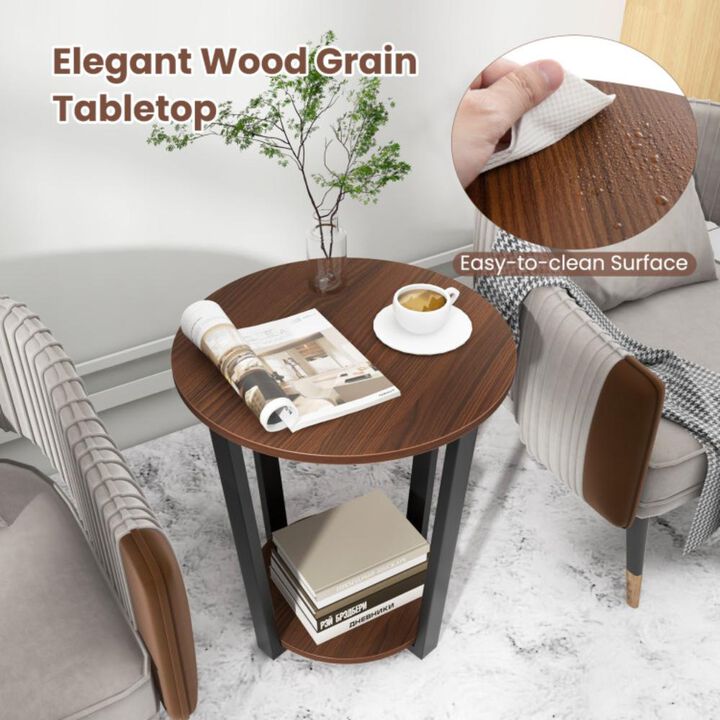 Hivvago Round End Table with Open Shelf and Metal Frame-Walnut