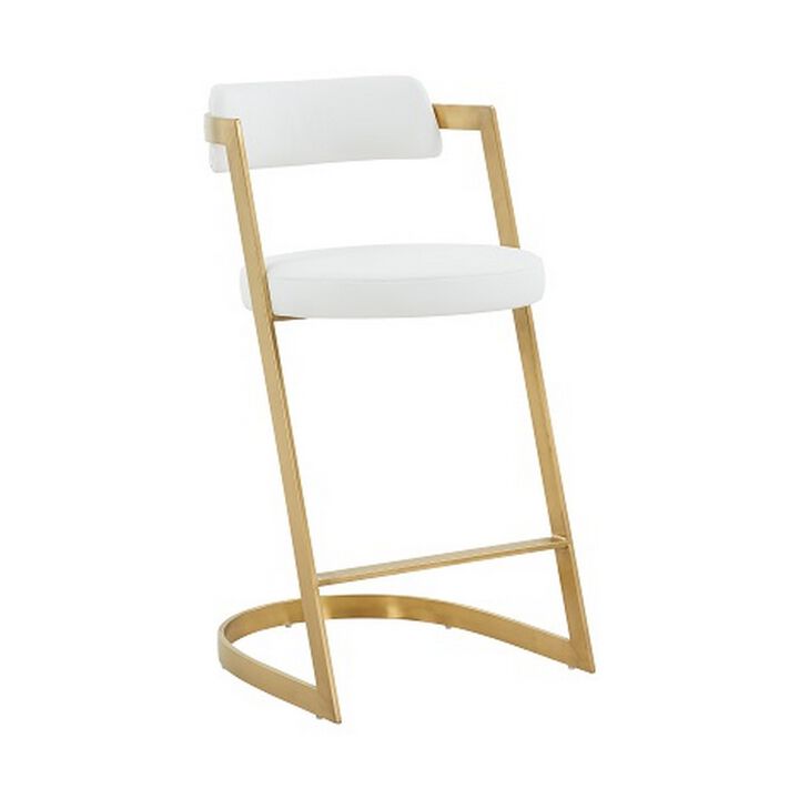 26 Inch Counter Stool, Gold Cantilever Base, White Vegan Leather-Benzara