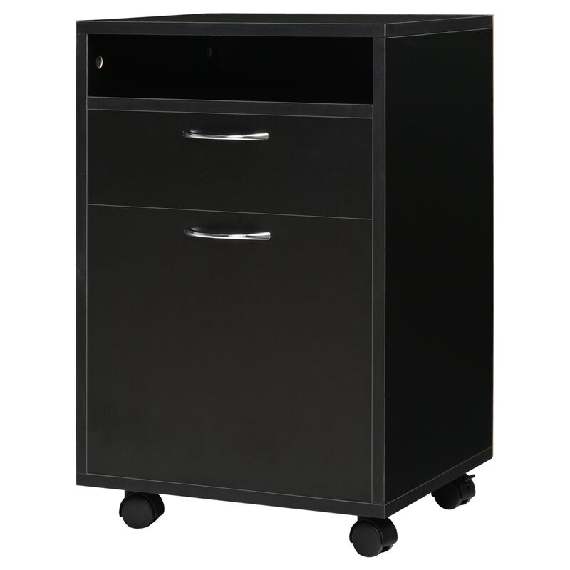 Black Mobile Organizer: Printer Stand with Drawer and Castors for Office