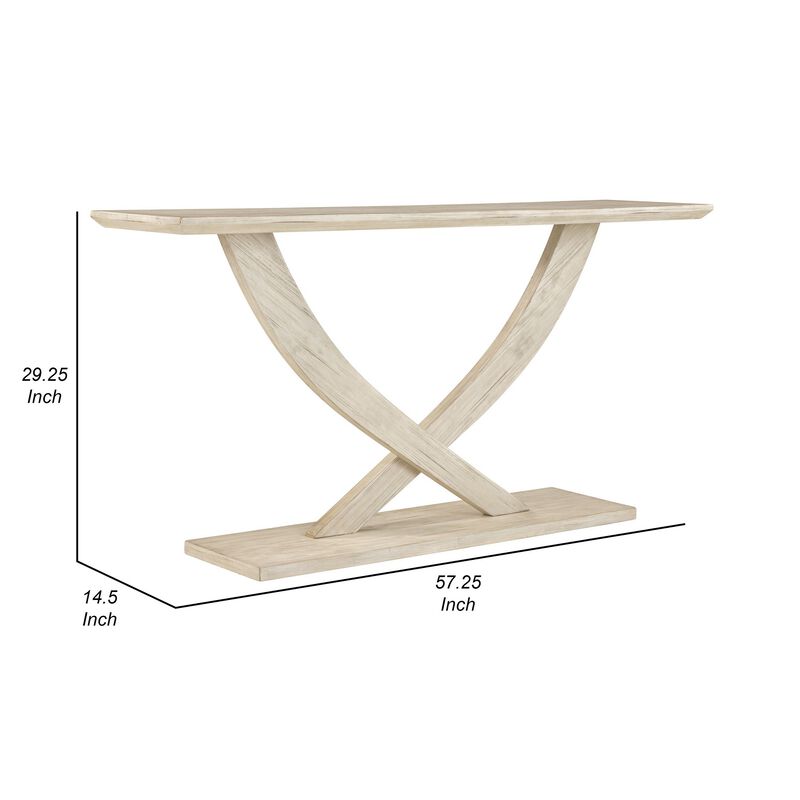 Rase 57 Inch Console Table, Cross Leg Design, Pedestal Base, Whitewash Wood - Benzara