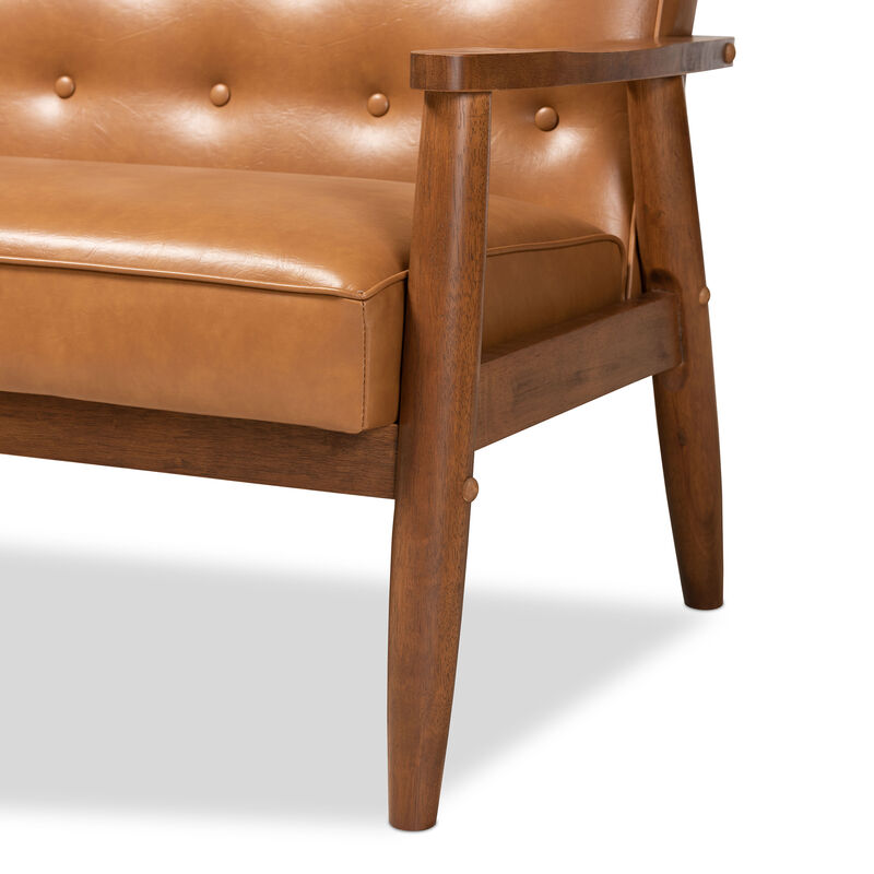 Baxton Studio Sorrento Mid Century Tan Faux Leather Upholstered Wood Sofa