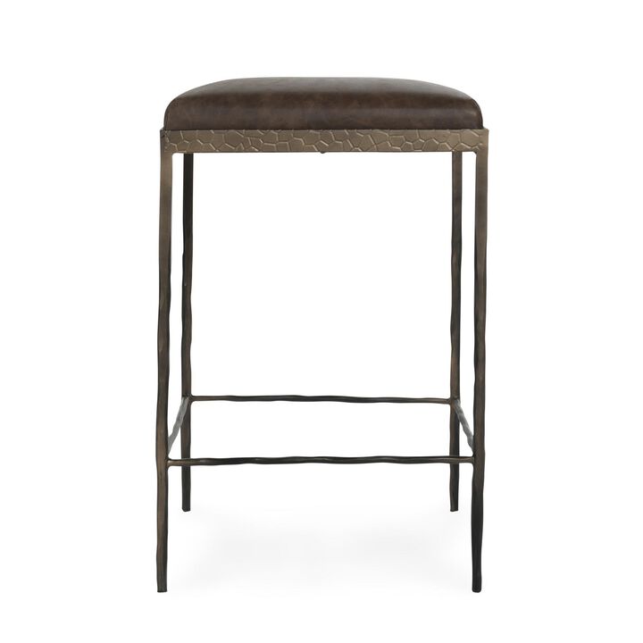Ocea Counter Stool with Cocoa Brown Leather Seat, Textured Iron Legs - Benzara