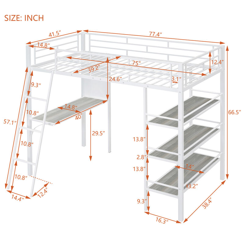 Twin Loft Bed with Shelves, Desk & Whiteboard