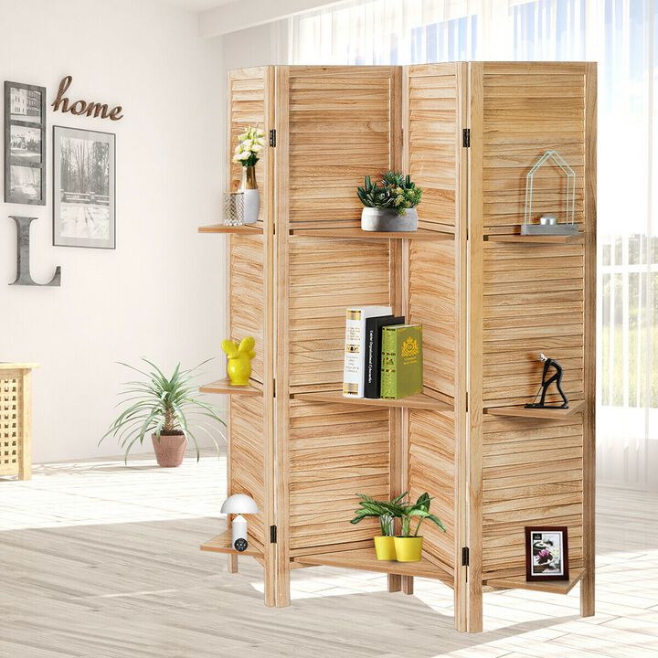 4 Panel Folding Room Divider Screen With 3 Display Shelves