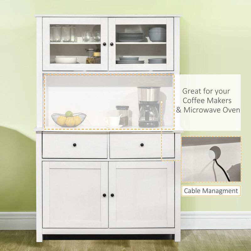 Antique White Kitchen Hutch: 63.5" Cabinet with Glass Doors & Microwave Space