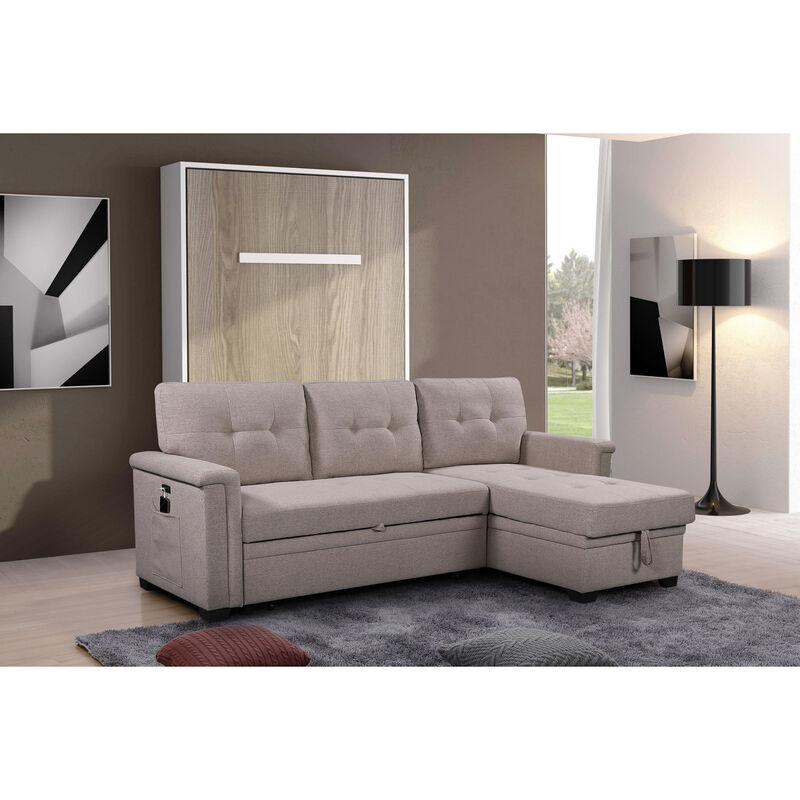 Ashlyn Light Reversible Sleeper Sectional Sofa With Storage Chaise, USB Charging Ports And Pocket