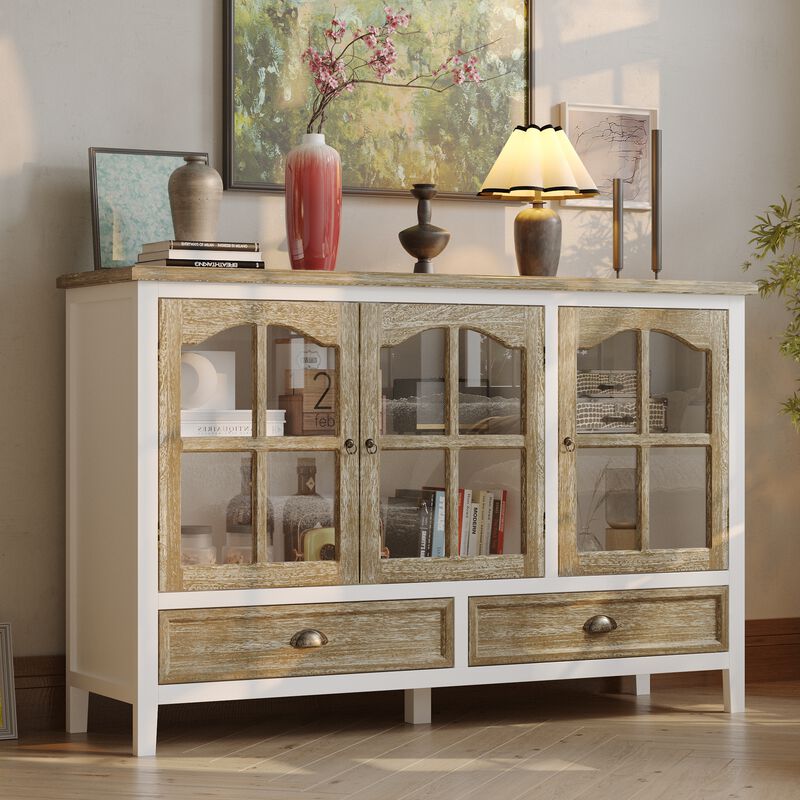 FUFU&GAGA Modern White 3-Door 2-Drawer Bookcase, Elegant & Functional Storage Cabinet with Metal Handles, (55.1" W x 35.4" H x 15.7" D), Brown