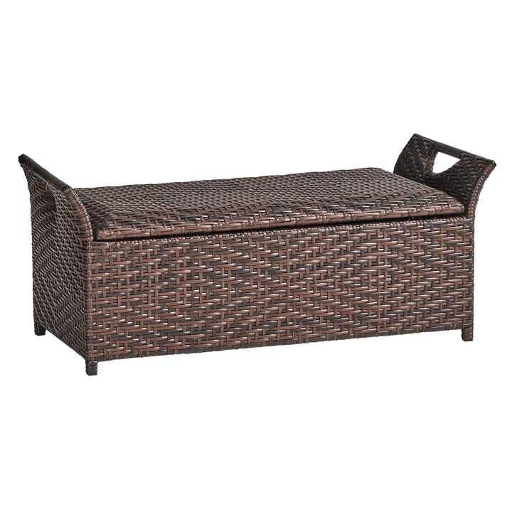 Outdoor Bench with Hinged Lid Storage, 42 Inch Dark Brown PE Rattan - Benzara