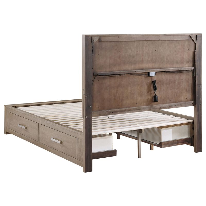 Keno Queen Bed, Upholstered LED Headboard, 4 Storage Drawers, Brown - Benzara