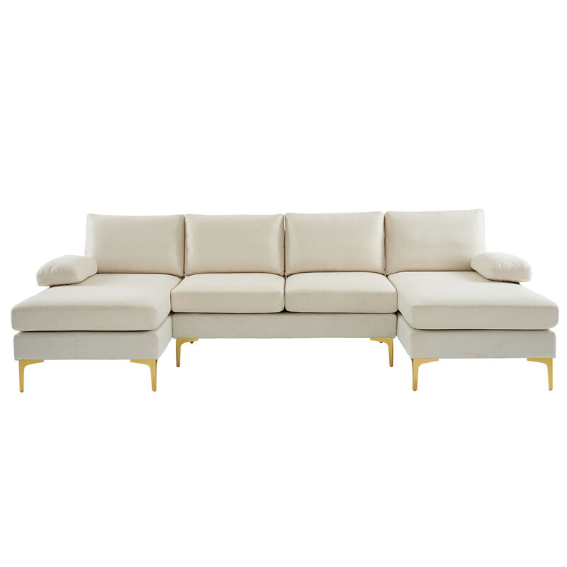 4-Seater U-Shaped Indoor Modular Sofa, Linen Seat with Wooden & Iron Frame, Gold Feet