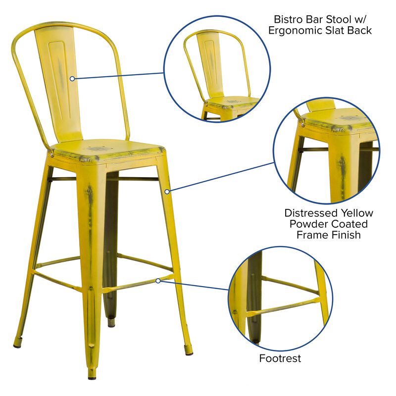 Flash Furniture Commercial Grade 30" High Distressed Yellow Metal Indoor-Outdoor Barstool with Back