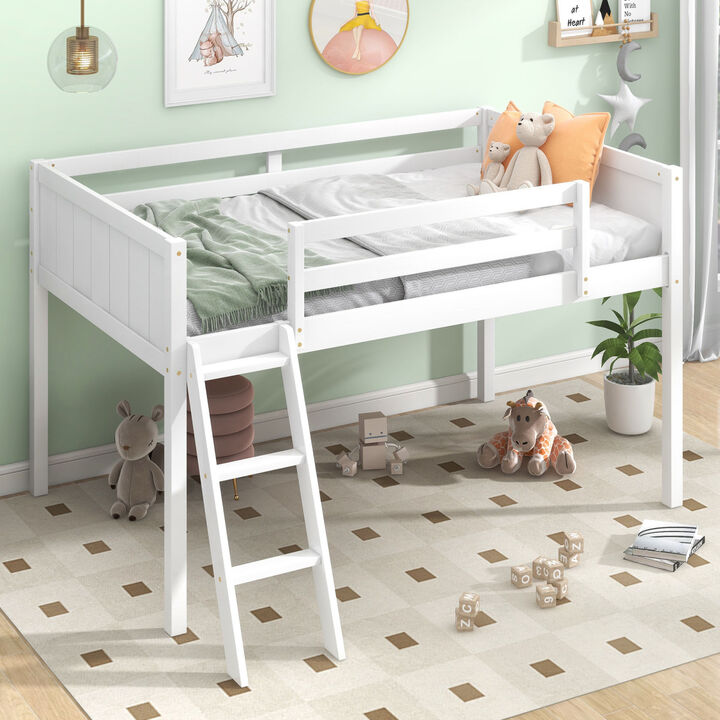 Twin Size Wood Low Loft Bed With Ladder, Ladder Can Be Placed On The Left Or Right, White