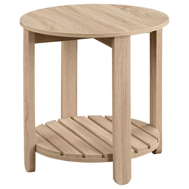 Fowl Round Side End Table, Slatted Lower Shelf, 22 Inch Natural Brown - Benzara