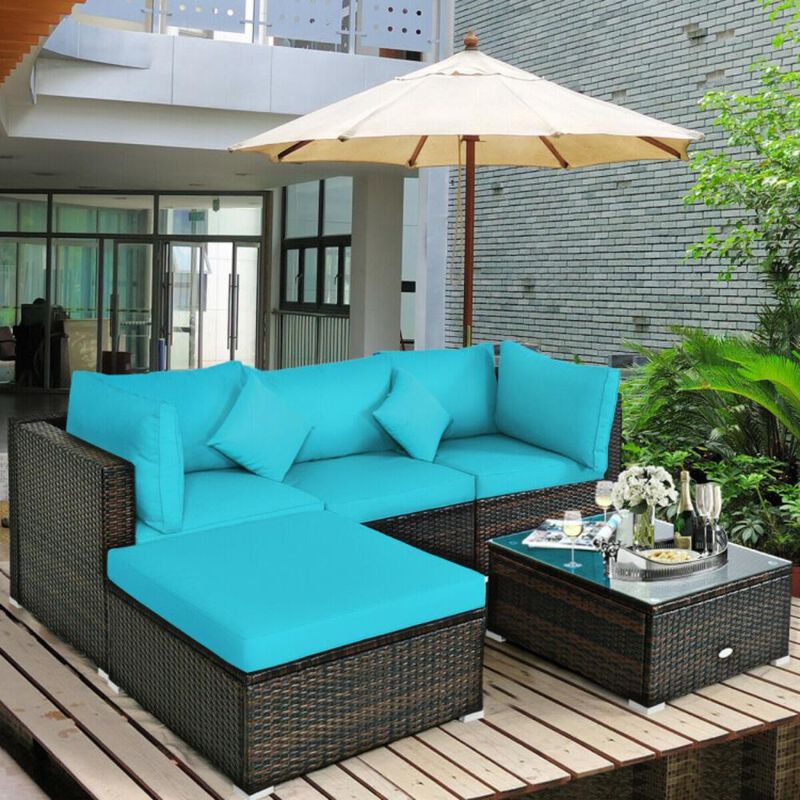 Hivvago 5 Pcs Outdoor Patio Rattan Furniture Set Sectional Conversation with Navy Cushions