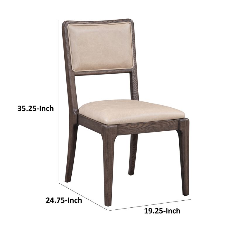 Ese 25 Inch Dinning Chair, Beige Real Leather, Open Style, Brown Solid Wood - Benzara