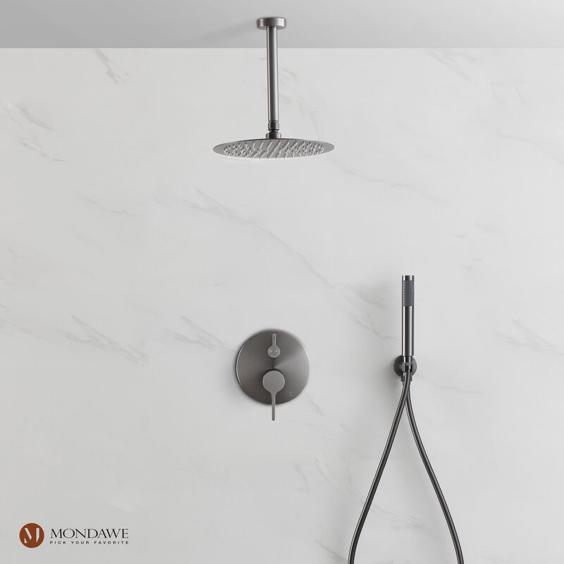 Mondawe Round 1-Spray Patterns Balance Valve Shower Faucets Set with 2.5 GPM Ceiling Mount Dual Shower Heads in Chrome