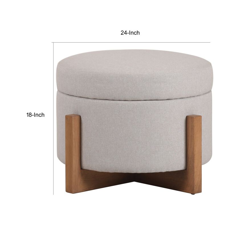 24 Inch Ottoman, Round Cushioned Storage Seat, Gray Polyester, Brown Wood - Benzara